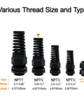 Rugged NPT Three Quarter Inch Cable Gland Kit IP68 Waterproof Spiral Strain Relief with size comparisons in black nylon.