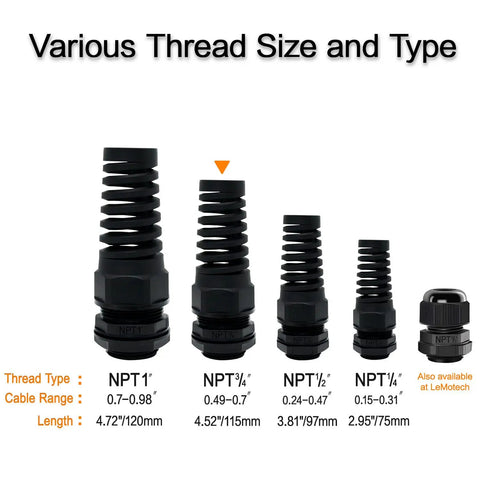 Rugged NPT Three Quarter Inch Cable Gland Kit IP68 Waterproof Spiral Strain Relief with size comparisons in black nylon.