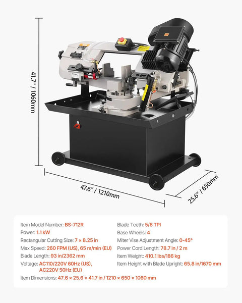 Heavy Duty Metal Horizontal Band Saw Built For Boss Level Tough Metal Wood And Plastic Cutting With 7 By 8.25 Inch Rectangular Capacity Dual 110 220V Power 1.1 kW Motor 0 To 45 Degree Angle Variable Speed displayed
