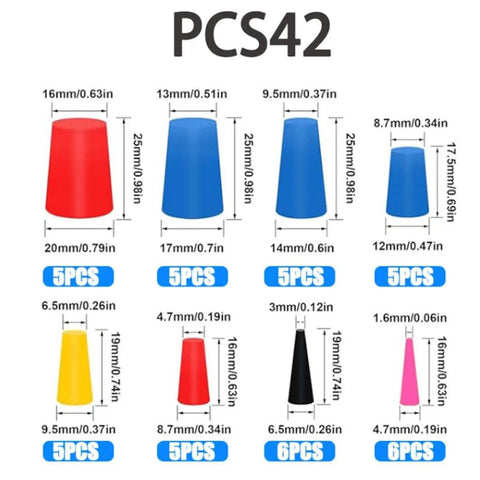 Awesome 42 Piece Silicone Tapered Plug Kit For Coating And Painting Jobs High Temp Resistant Stoppers In 8 Sizes From 1/16 To 5/8 Inch That Seals Like A Boss. Silicone tapered plug set in 8 sizes, shown with color-coded dimensions
