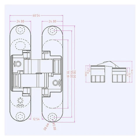 Technical drawing of Three Way Adjustable Wooden Concealed Door Hinge for smooth quiet door action with dimensions