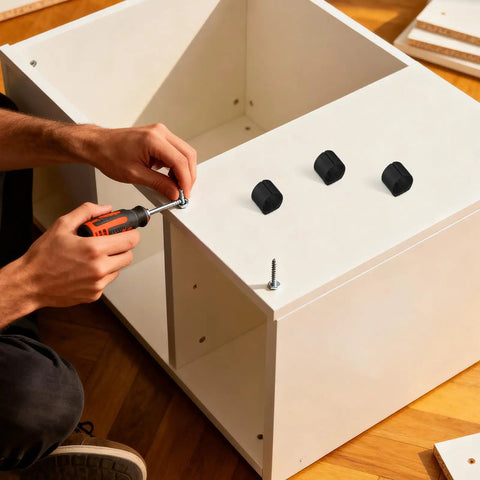 Person assembling furniture with U Shaped Chair Leg Caps Floor Glides For Bar Stools And Hardwood Floors Easy Clip On No Sweat