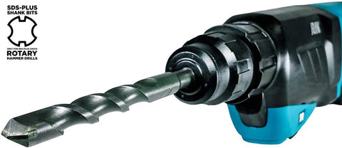 Close-up of Makita blue cordless hammer drill with SDS-Plus bit in chuck; carbide-tipped bit.