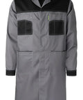 Mens Workshop Long Lab Coat With Concealed Front Button Closure Tough Twill Workhorse Ready Coat Black And Grey XL front view