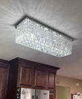 Lit Modern Crystal Rectangle Chandelier Lighting With Raindrop Crystals, Chrome Flush Mount LED Pendant in kitchen