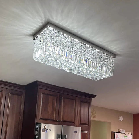 Lit Modern Crystal Rectangle Chandelier Lighting With Raindrop Crystals, Chrome Flush Mount LED Pendant in kitchen