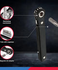 Ultra Compact Right Angle Ratchet Screwdriver Kit With 8 Bits Cr Steel Low Profile Mini Set Perfect For Tight Spaces And Precision Gear Repair Jobs, black ratcheting handle with magnetic bit adapter and 7 bits organizer