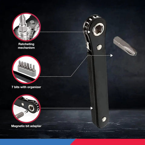 Ultra Compact Right Angle Ratchet Screwdriver Kit With 8 Bits Cr Steel Low Profile Mini Set Perfect For Tight Spaces And Precision Gear Repair Jobs, black ratcheting handle with magnetic bit adapter and 7 bits organizer