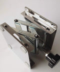 Angled view of stainless steel lab jack lift stand with 8x8 in platform and screw clamp