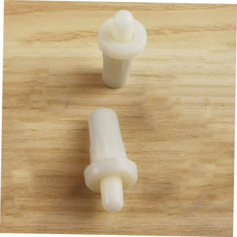 Tough-As-Nails Plastic Shutter Repair Pins and Blind Bolts 50 Pack for Window Blinds, beige plastic clips on wood background.
