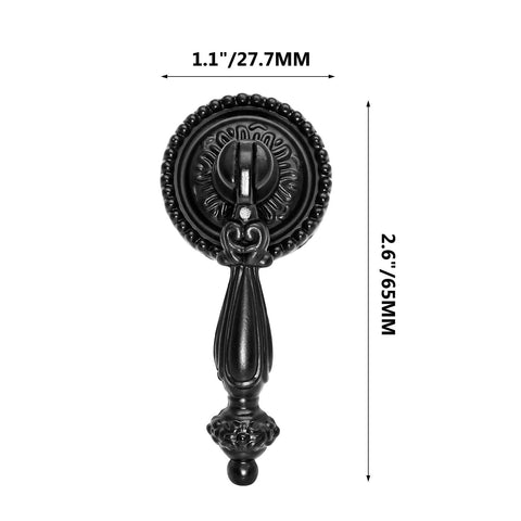 Front view of Set Of 4 Antique Teardrop Cabinet Pulls In Black Finish, Zinc Alloy Drawer Knobs With Mounting Screws, size 65mm x 27.7mm