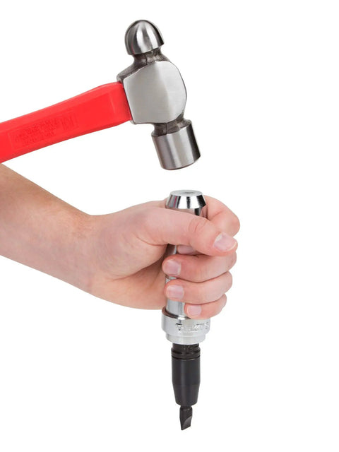 Hand holding Go-To Heavy-Duty 3/8 Inch Drive Impact Screwdriver Set, hammer striking manual impact driver