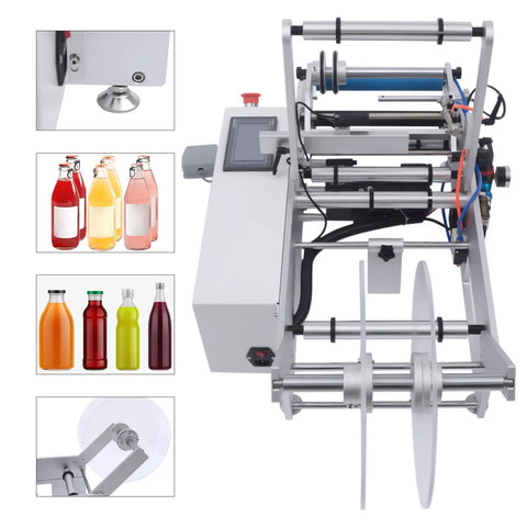 Heavy Duty Semi Automatic Round Bottle Labeling Machine with display panel for smooth wraps, suitable for various bottle sizes.