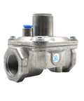 Propane pressure regulator with metal body and blue cap; 1/2-14NPT threaded inlet/outlet; two brass adapters shown.