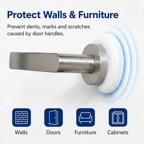 Round PU Door Stop 12 Pack Adhesive No Drill Door Stopper for Walls Floors and Cabinets shown protecting wall from handle