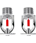 Set Of Two Upright Fire Sprinkler Heads With Half Inch Npt Threads Chrome Plated Copper Housing One Fifty Five Fahrenheit Activation, dual chrome sprinklers with red bulbs.
