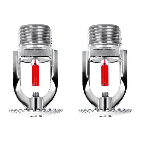 Set Of Two Upright Fire Sprinkler Heads With Half Inch Npt Threads Chrome Plated Copper Housing One Fifty Five Fahrenheit Activation, dual chrome sprinklers with red bulbs.