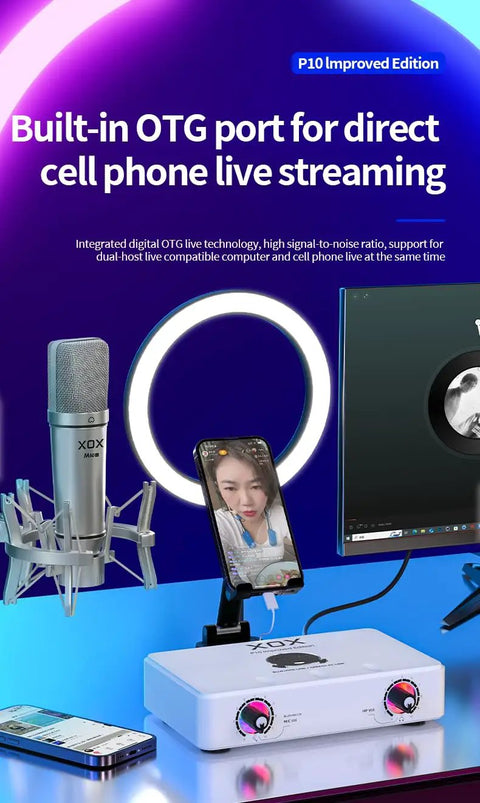 P10 USB Audio Interface For Live Streaming And Podcasting with microphone and ring light setup