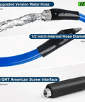 Front view of SZFY blue heated water hose with black connector sleeve and metal fittings, 1/2 inch inner diameter.