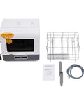 Hassle-Free Countertop Dishwasher With A Slick Stainless Steel Interior, Portable Kitchen Workhorse, Plug And Play Simplicity, Ultra-Compact Footprint, Rust-Proof Performance, And Straight-Up Super Simple Cleanup showing components.