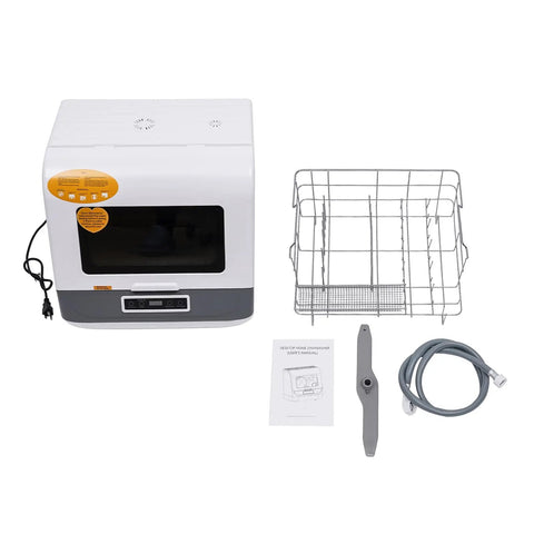 Compact Portable Countertop Dishwasher Featuring Three Wash Cycles And A Straight Up No Install Faucet Setup Super Darn Handy For Tiny Apartments And RVs, with accessories.