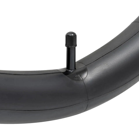 Close-up of self-sealing bike inner tube with Schrader valve, 20x1.75 to 2.125 AV32mm puncture-resistant, black rubber material