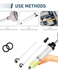 Heavy Duty Automotive Fluid Extractor Pump 200cc Oil Syringe Transfer Tool With Visible Level Lines demonstrating use methods.
