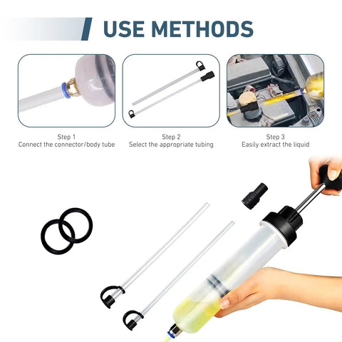 Heavy Duty Automotive Fluid Extractor Pump 200cc Oil Syringe Transfer Tool With Visible Level Lines demonstrating use methods.