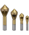 Badass Heavy Duty Titanium Countersink Drill Bit Set With Precision Chamfer Cone Tools For Metal Woodworking Bevel Grinding 4 Piece 2 To 20mm Range Pro Shop Ready Machining Kit showing 4 drill bits with cone shapes.
