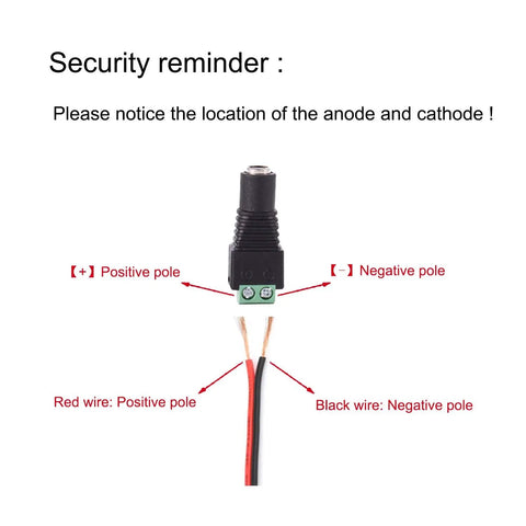 Rock Solid 10 Pack DC 12V Power Connectors 5.5mm X 2.1mm showing positive and negative pole wiring instruction.