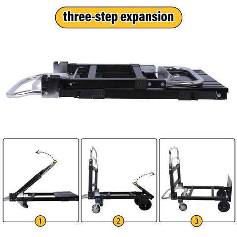 3 In 1 Folding Hand Truck And Convertible Dolly For Moving Heavy Loads Anywhere With Smooth Silent Rubber Wheels And Two 6 Inch Wheels Plus Two 4 Inch 360 Degree Swivel Wheels Ready To Roll For Easy Transport. three-step expansion, carbon steel folding cart