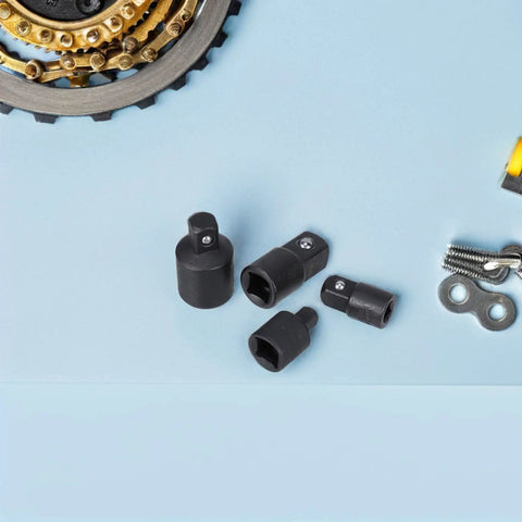 Ditch The Hassle With This 4pcs Impact Socket Adapter Set To Crush Tight Spots And Boost Your Tool Game Featuring High Carbon Steel Durability For Smooth 3/8 To 1/2 And 1/4 Inch Conversions That Save You Time On Every DIY Fix Or Mechanic Job black impact socket adapters on blue background