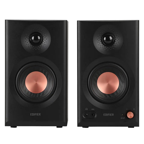 MR3 Powered Studio Monitors With Hi-Res Audio Certification And Bluetooth 5.4, black pair with copper accents, front view