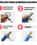 8-12 mm stainless steel worm-gear hose clamps; collage showing fuel line installation with screw and fitting close-ups.