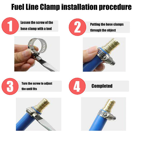 8-12 mm stainless steel worm-gear hose clamps; collage showing fuel line installation with screw and fitting close-ups.