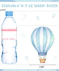 Blue Hot Air Balloon Party Decorations Set, 3 Hanging Garlands With Eight Pieces Each In Four Different Patterns displayed next to a standard water bottle