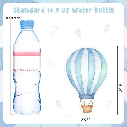 Blue Hot Air Balloon Party Decorations Set, 3 Hanging Garlands With Eight Pieces Each In Four Different Patterns displayed next to a standard water bottle