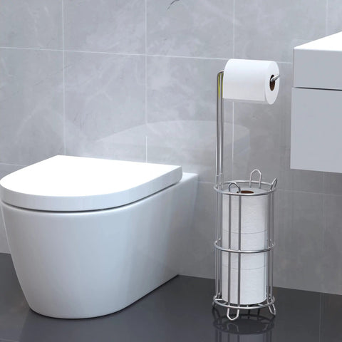 Toilet Paper Holder Stand And Tissue Roll Dispenser For Four Mega Rolls Freestanding Bathroom Storage Rack next to toilet.