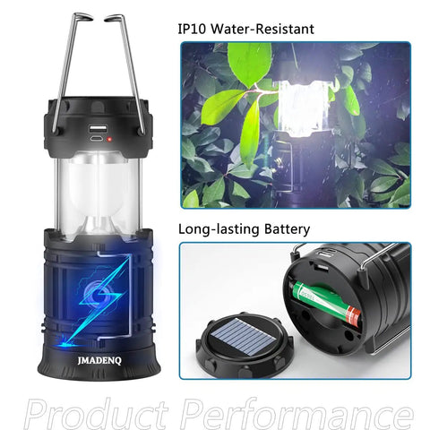 Solar USB Rechargeable Lanterns for Camping and Emergency Prep with phone charging and collapsible design shown in waterproof use