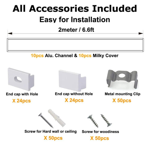 Accessories for Bulk 10 Pack 6.6ft U Shape LED Aluminum Channel System with Milky Cover End Caps and Mounting Clips
