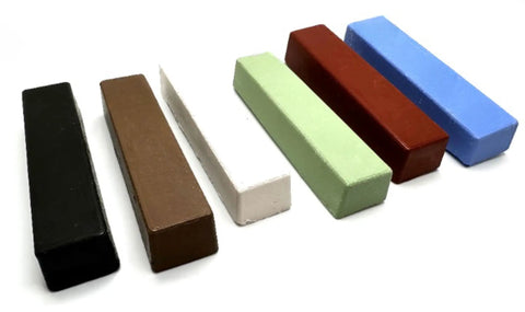 Knockout Six Piece Metal Polish Compound Kit 24 Oz Heavy Duty Buffing Paste Bars in assorted colors for detailing.