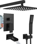 Matte Black 12 Inch Rain Shower System With Handheld Spray, Bang For Your Buck Wall Mount Waterfall Tub Spout, 3 Function Mixer, Rough-In Valve, Premium Metal Build, Modern Bathroom Upgrade Faucet Set