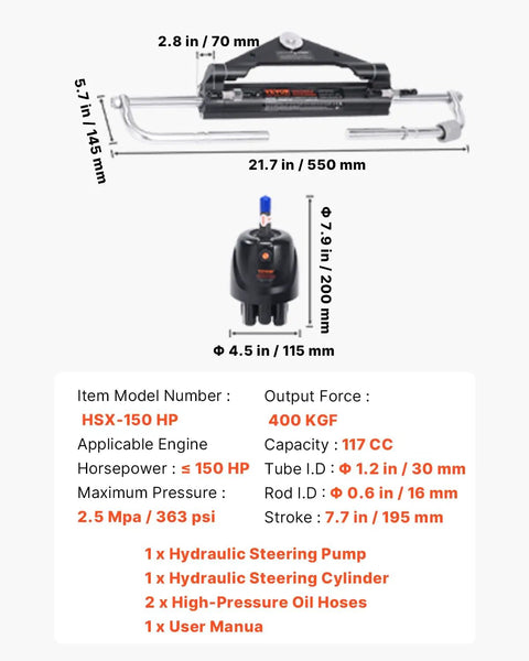 Hydraulic Boat Steering Kit for Outboard Motors 150HP with 26 Feet Hoses Two Way Lock Cylinder Relief Valve Air Pocket and Aluminum Alloy Housing Marine Steering System Plug And Play, shown with dimensions and components.
