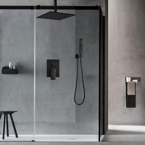 Slick Ceiling Mount Rain Shower System With Matte Black Finish To Level Up Your Home Setup Featuring Serious Water Pressure Solid Brass Mixing Valve And Quick Wipe Silicone Nozzles For No Sweat Maintenance With Complete Rough In Valve
