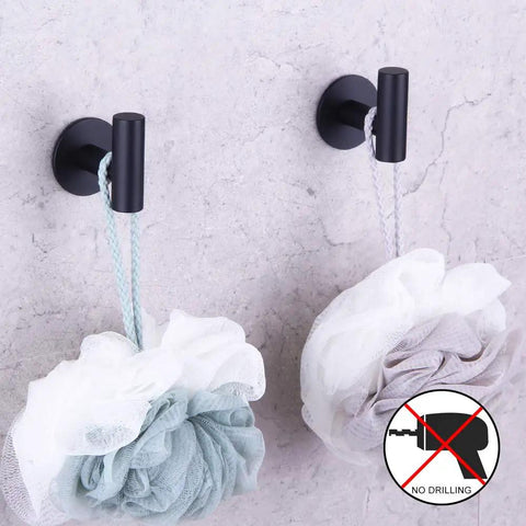 Matte Black Adhesive Towel Hooks Set Of 2 For Bathrooms No Nails Wall Hangers That Hold Towels Tight Stainless Steel Premium Sticky Hooks Rust Resistant Easy Install Without Tools