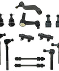Heavy Duty 14 Piece Front Steering Suspension Kit With Ball Joints Tie Rods Pitman Arm And Sway Links, black components laid out.
