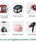 Various household appliances like a cook machine, rice cooker, blender, juicer, bread maker, and hairdryer for 120V to 100V voltage converter use