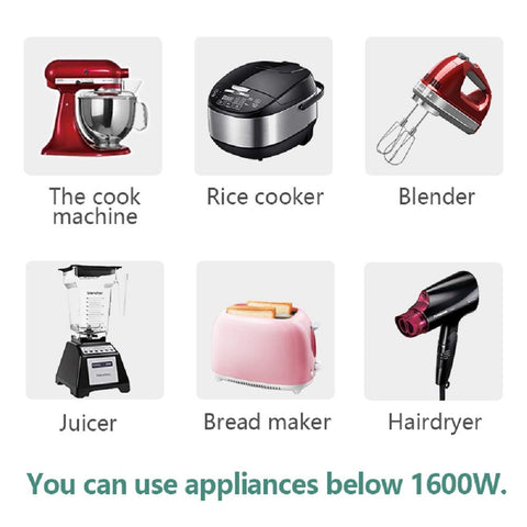 Various household appliances like a cook machine, rice cooker, blender, juicer, bread maker, and hairdryer for 120V to 100V voltage converter use