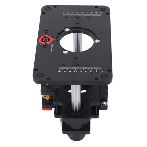 Top view of Rock Solid Router Lift System 69mm Mounting Plate with measurement markings and locking clamp for precise milling.