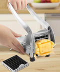 French fry cutter, stainless steel with 2 blades for slicing potatoes into fries.